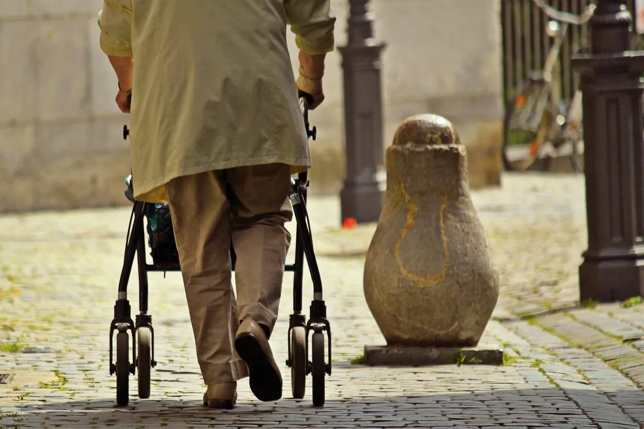 Ältere Person von hinten mit Rollator auf einem gepflasterten Weg, daneben ein steinerner Poller und Laternenpfähle