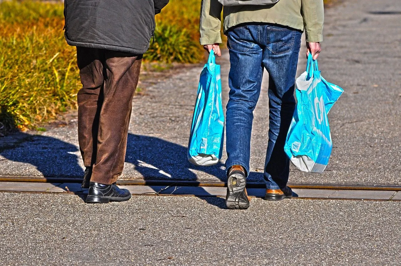 Zwei Personen von hinten auf einem Gehweg, eine trägt in jeder Hand eine prall gefüllte hellblaue Einkaufstüte