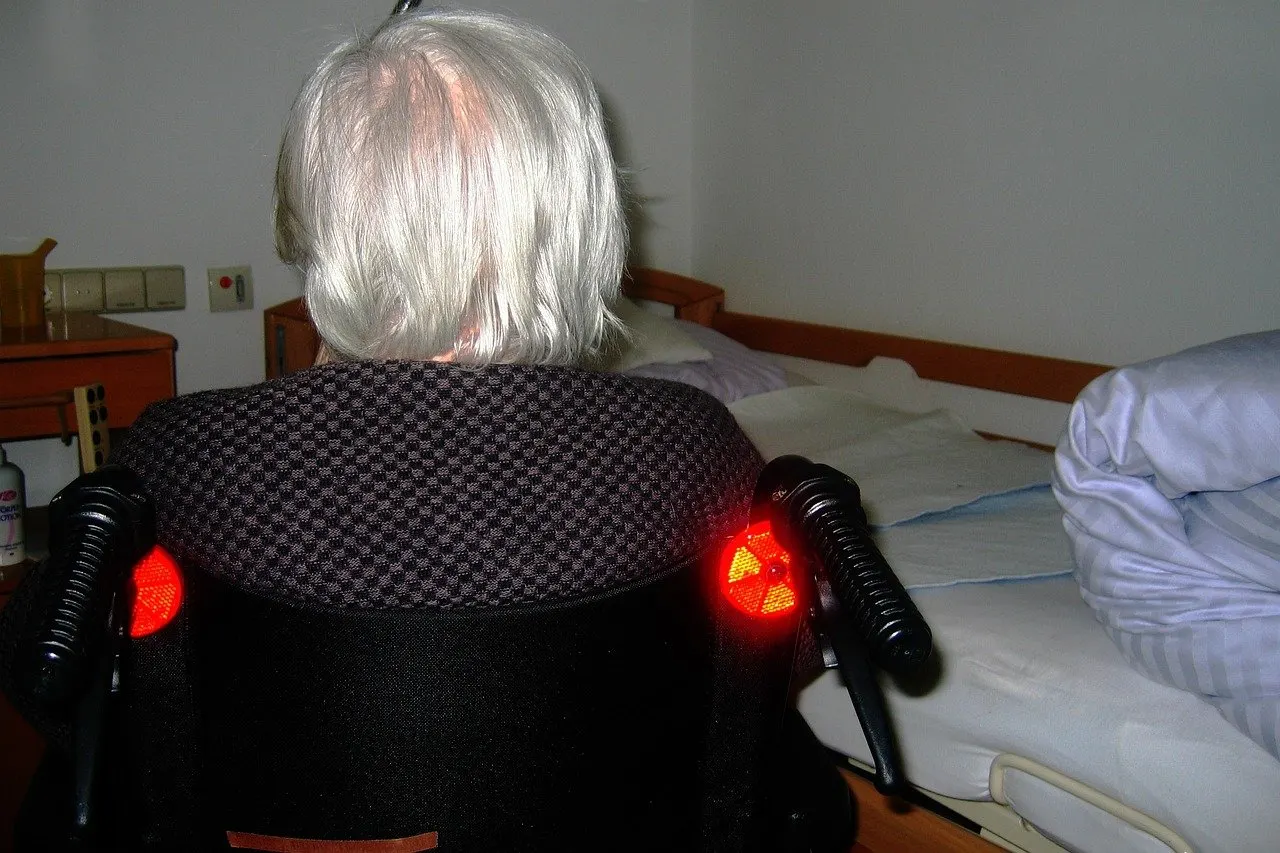 Ältere Frau mit weißem Haar sitzt, von hinten gesehen, im Rollstuhl neben einem Pflegebett mit Holzrahmen und Seitengitter